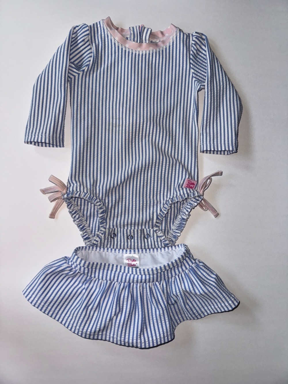 Ruffle Butts Seersucker with Bows Long-Sleeve Skirted Swimsuit 6-12M ADORABLE